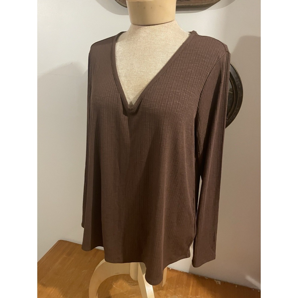 ON Luxe Oversized Chocolate Brown Textured V Neck Long Sleeve Shirt Layering M